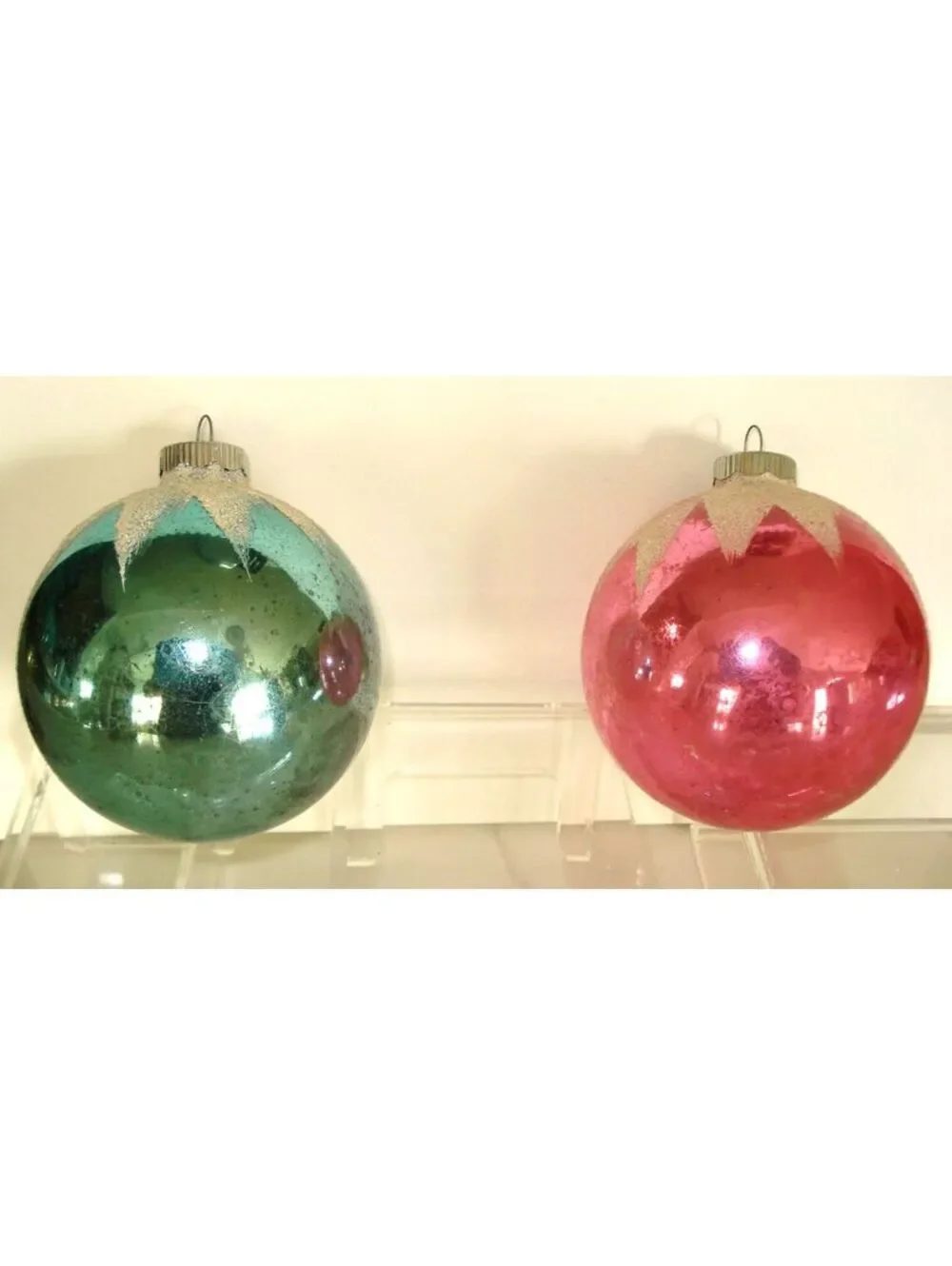 2 VTG Shiny Brite Pink & Blue Mica Snow Cap Mercury Glass Christmas Ornaments